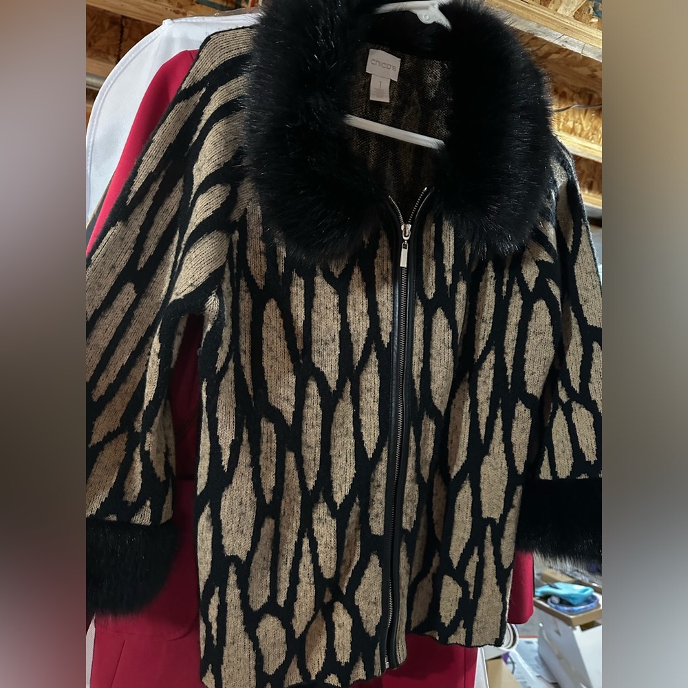 Chicos faux fur jacket, black fuzz with beautiful nude and black pattern